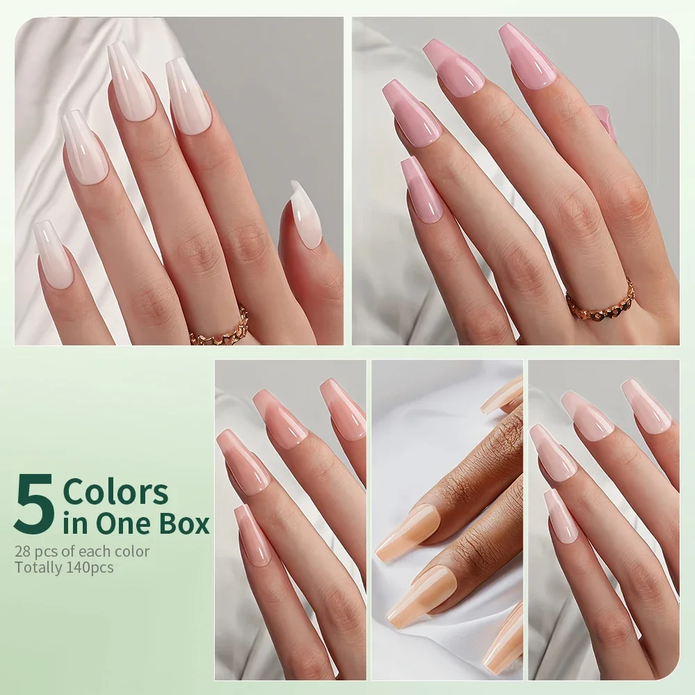 NAILPOP 누드 천연 젤 네일, 사전 착색 소프트 젤 인조 네일 팁, 아크릴 가짜 손톱 확장 살롱, 14 사이즈, 140 개