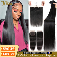 Human Hair Bundles With Closure Bone Straight Bundles With Transparent Lace Frontal 100% Brazilian Human Hair Bundles Weaves And 4x4/13x4 Lace Closure Front Natural Human Hair For Women 3 Day Delivery France