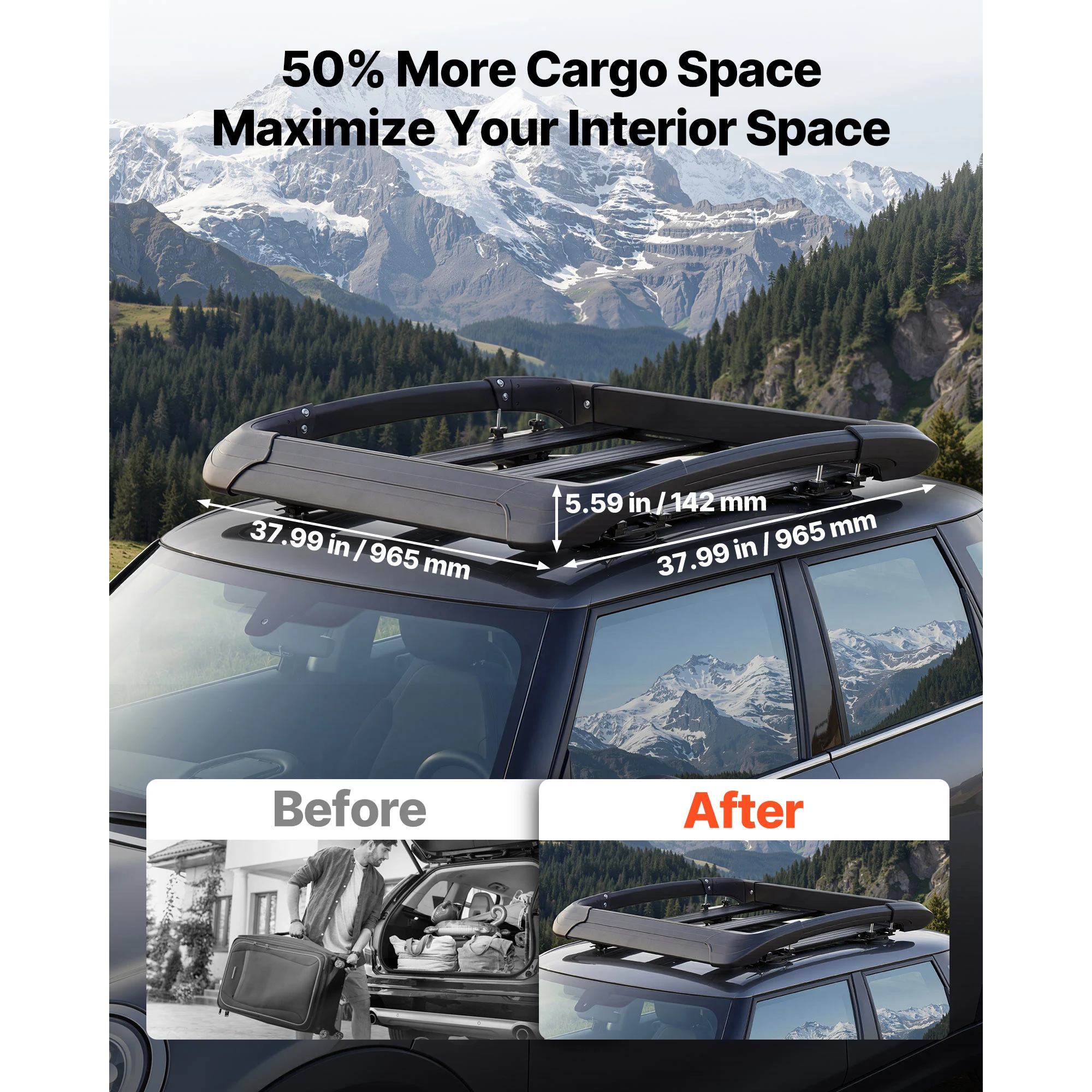 SucceBuy 150 lbs Roof Rack Cargo Basket 38x38x5.59 in Roof Top Carrier Basket Fits Crossbars up to 3.54 x 1.97 in for SUV Truck