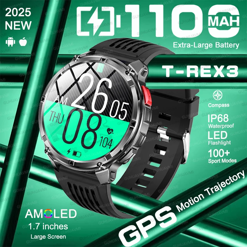 

Военные умные часы T-Rex, 1100 мАч, большая батарея, спортивные часы на открытом воздухе, GPS, траектория движения, светодиодный фонарик, компас, IP68, водонепроницаемые часы