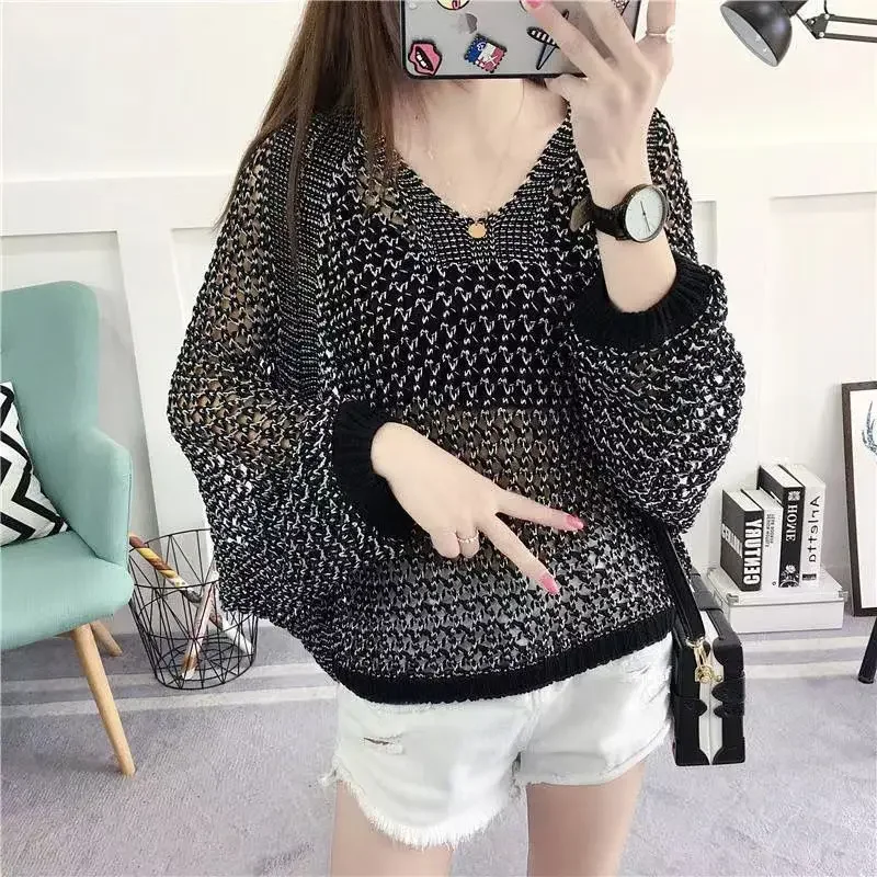 

Sexy Women Knitted Pullover Mesh Hollow Sweater Female 2024 Spring Casual Top Bat Half Sleeve Casual Loose Knit Jumper Summer