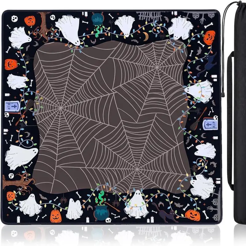 VIKAMA Halloween Ghost Flower Mahjong Game Mat 2D Print Non‑Slip Square Table Pad Noise Reduction For Party Home Game Decor