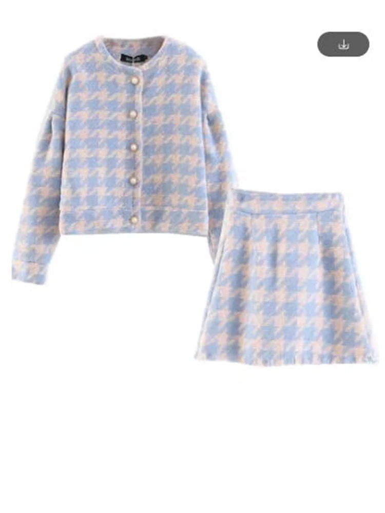 Zestaw 2-częściowy: Vintage, elegancki damski żakiet w kratę gingham z perłowymi guzikami, krótka spódniczka mini w kształcie litery A z wysokim stanem i długim rękawem.