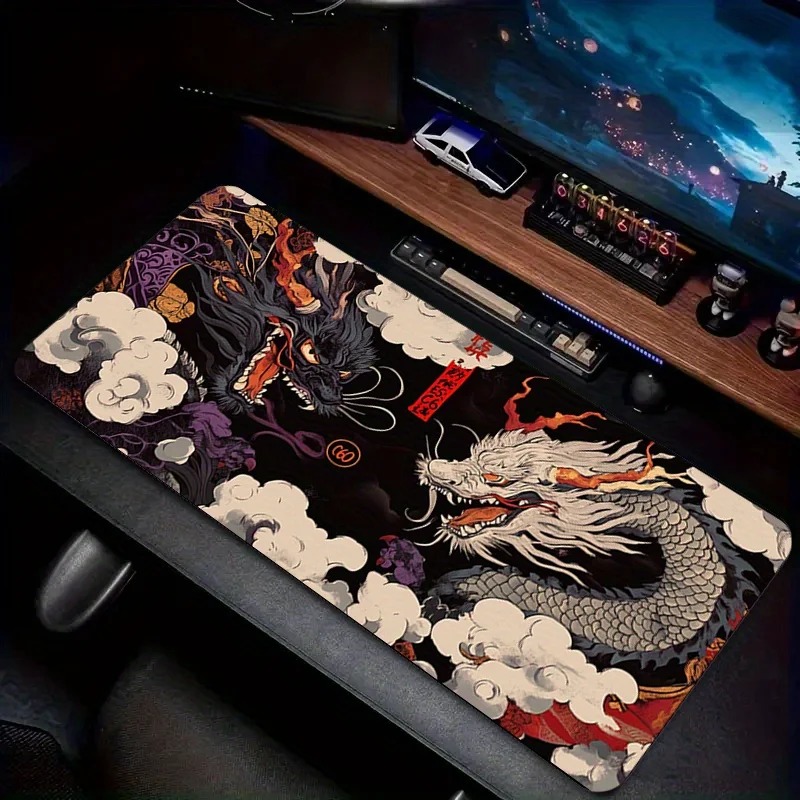 

Коврик для мыши с двумя драконами, темный фон с пламенем и облачным дизайном, нескользящий коврик для компьютерного стола — подходит для домашнего/офисного использования