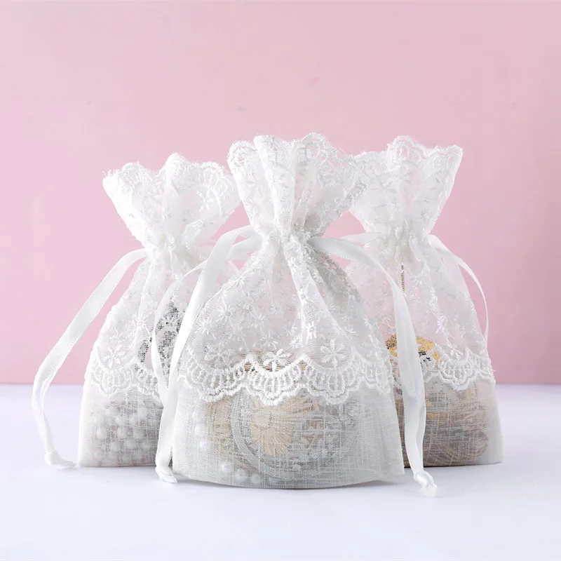 10x14cm White Star Drawstring Bags 10pcs Jewelry Bundle Pocket Gift Bag Organza Stitching Lace Storage Bag Wedding Favorite