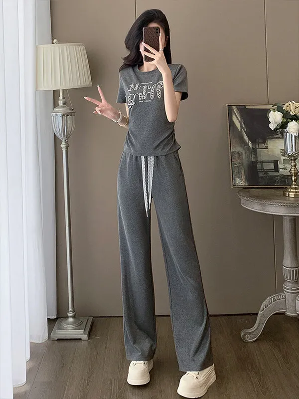 

Grey Casual Sportswear Set Women Summer 2026 New Waist-Cinching Slimming Short Sleeve T-Shirt Wide Leg Pants Two-Piece Set Tr...
