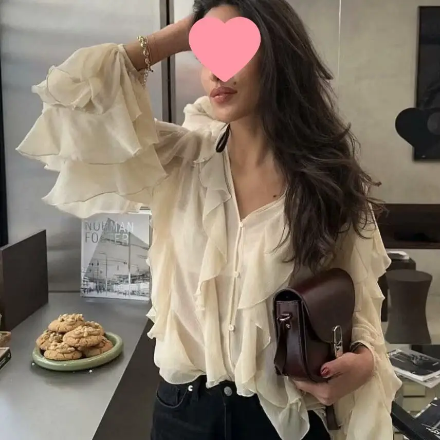 

Suninheart Women Sexy Semi-sheer Ruffle Shirts V Neck Autumn Long Sleeve Shirts Front Button Casual Office Lady Blouses