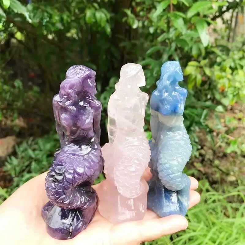 

Natural Crystal Mermaid Figurine Carved Rose Quartz Statue Healing Crystals Feng Shui Aesthetic Room Decor Reiki Gift 1pcs