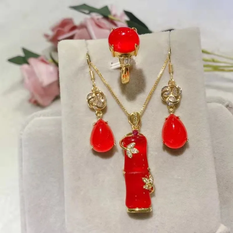 

Rose Gold Inlaid Chalcedony Bamboo Set Women's Jewellery Three-piece Set.