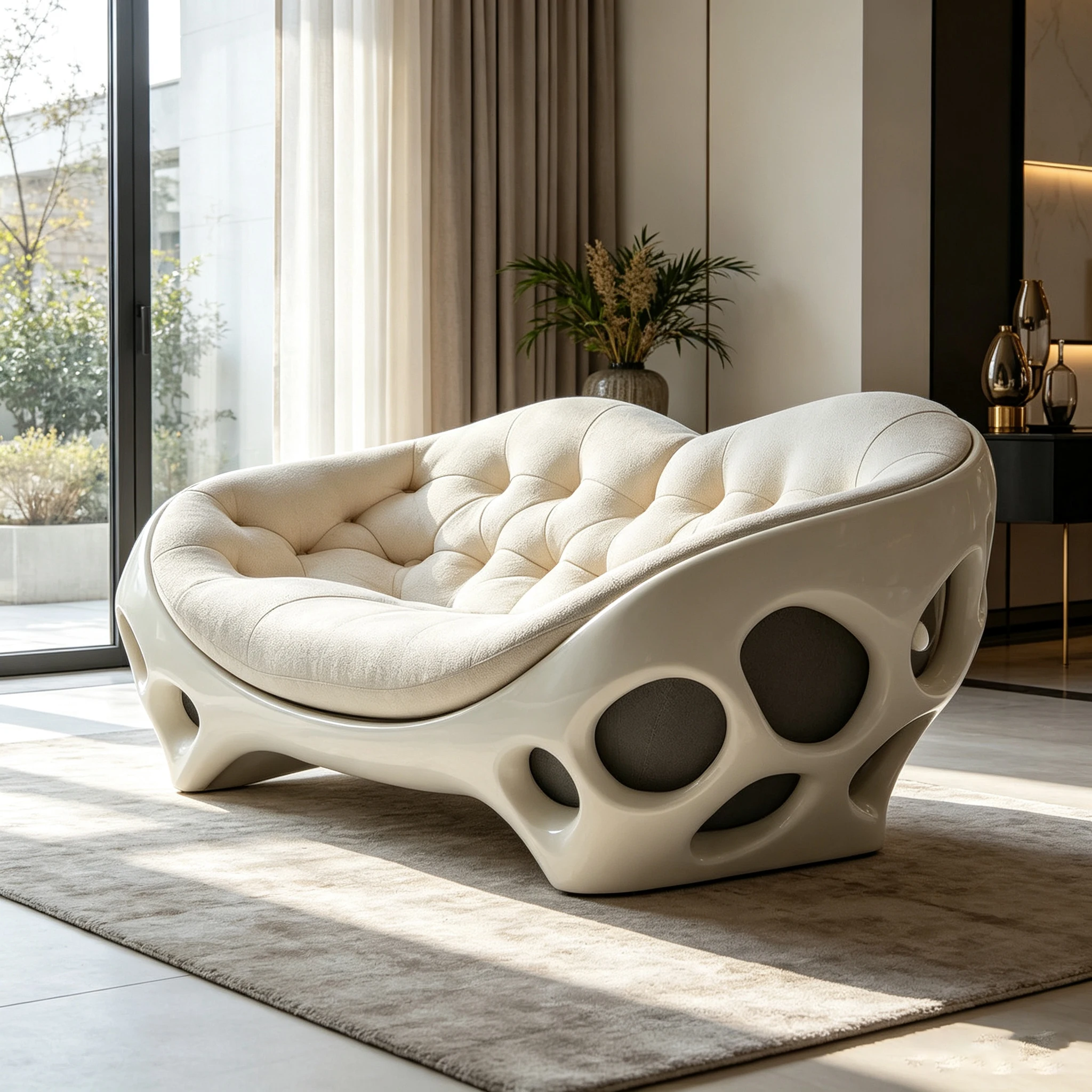 Z*-Two-seater Irregular Fiberglass Sofa Gloss Hollow Outer Shell Soft Tufted Linen for Household Leisure Space^