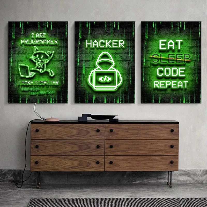 Neon Art Programmer Gamer Day Night Wall Art Poster Hacker Computer Hacking Canvas Paintings Print for Home Decoration Picture