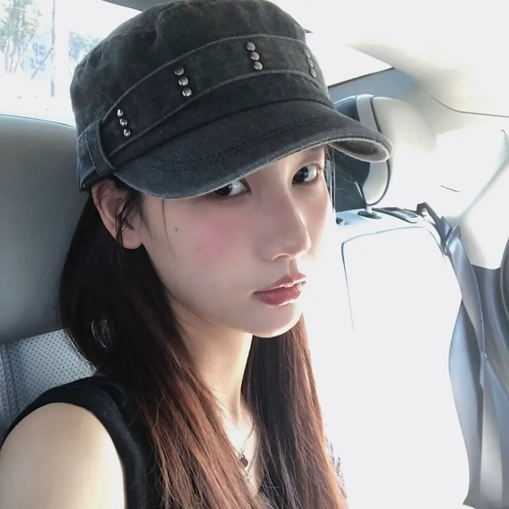 

American Rivet Flat Top Hat Y2k Gothic Peaked Cap Washed Denim Visor Cadet Cap Outdoor