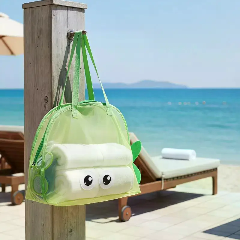 Cute Cartoon Large Capacity Storage Bag Foldable Breathable Mesh Sand Digging Toy Organizer Pouch For Travel Outdoor Sports