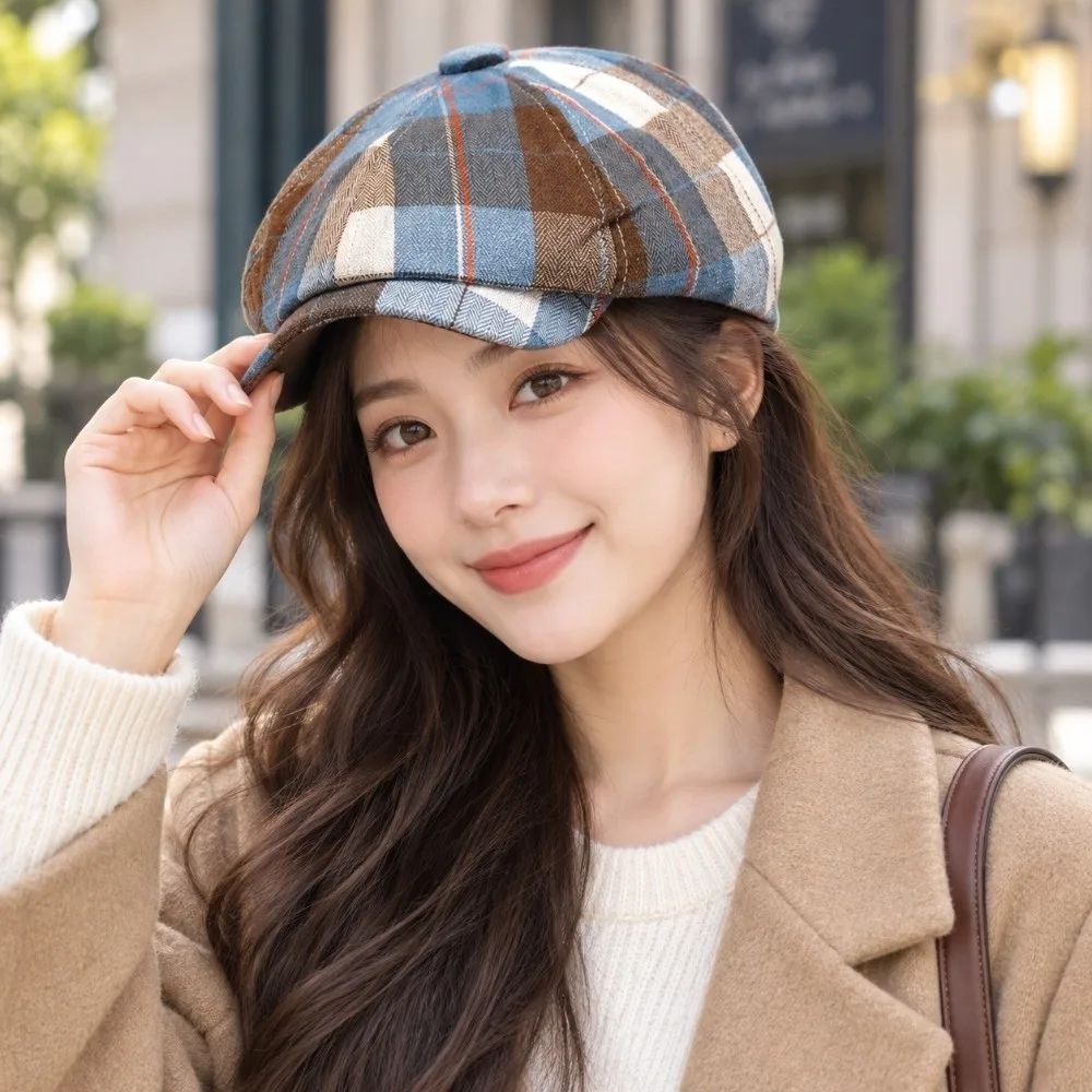 Gift Short Brim Plaid Beret Hat Thin Lightweight Vintage Artist Painter Hat Breathable Casual Newsboy Cap Outdoor
