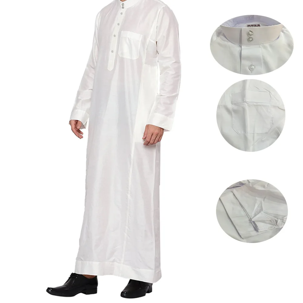 Polyester Muslim Men\'s Robes Qatar Stand Collar Robe Pocket Design Arab Middle Eastern Menswear Muslim Fashion Arabic