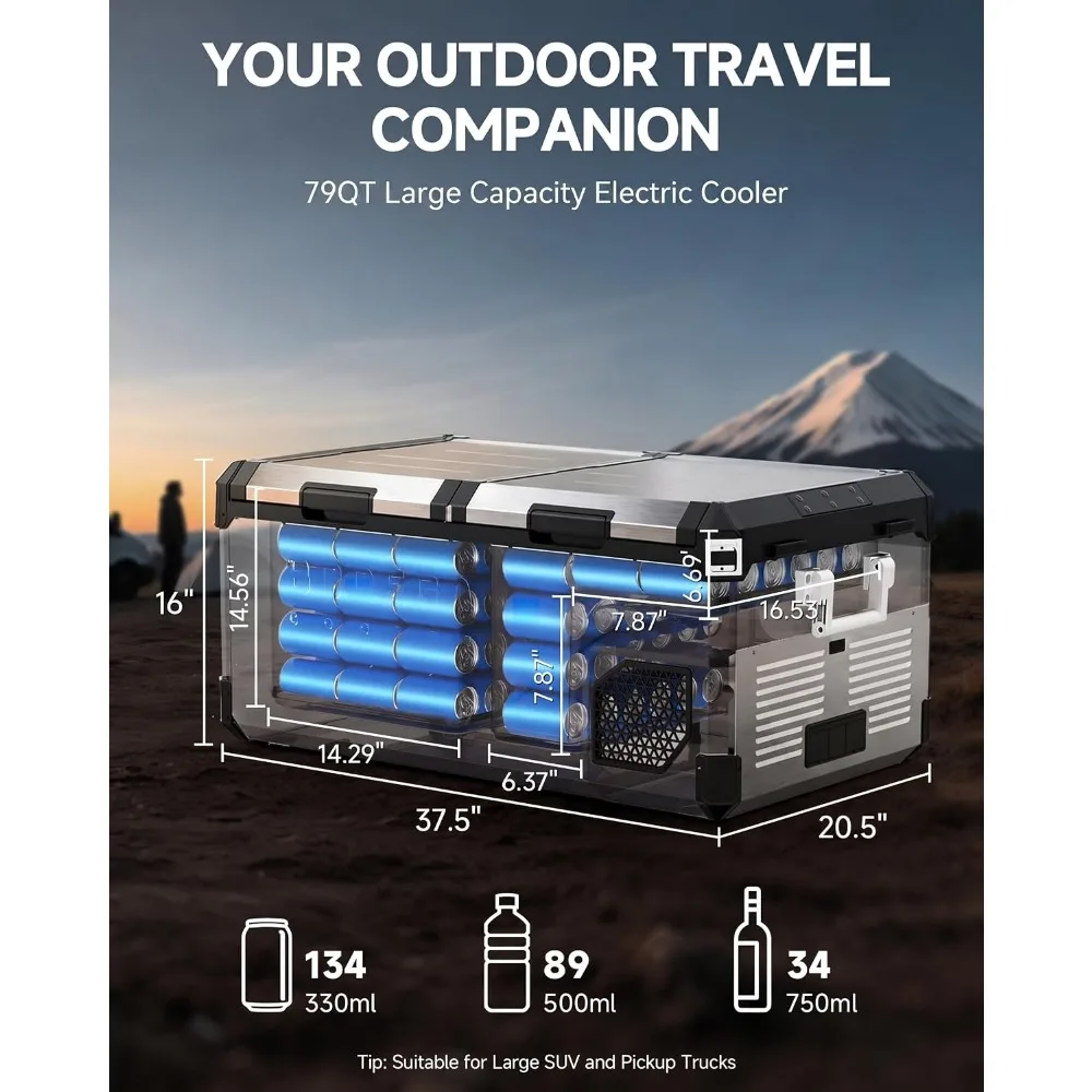 79 Quart 12V Portable Stainless Steel Freezer -4℉-68℉, App Control, 12/24V DC & 100-240V AC, Vehicles, Camping, Outdoor