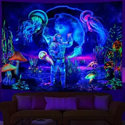 Astronauci UV fluorescencyjny gobelin z czarnym światłem estetyczny w stylu Hippie do zawieszenia ścienny do wystroju sypialni Indie Room