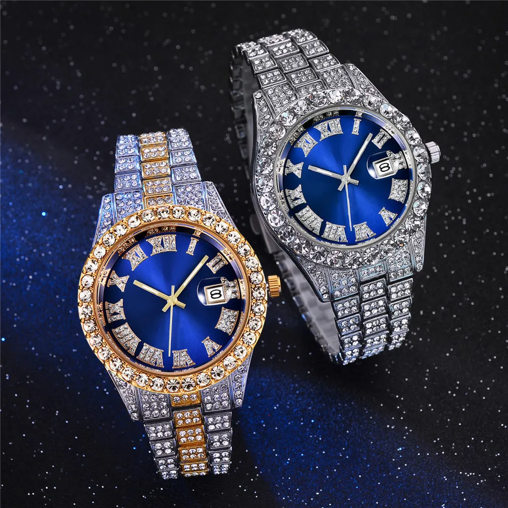 Hommes de luxe montre classique doré hommes bracelet en acier romain strass calendrier montre à Quartz mode homme montre-bracelet Relogio Masculino