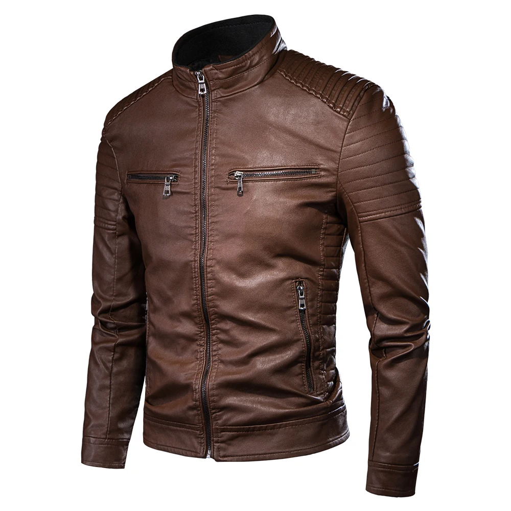 Men Spring Brand New Causal Vintage Leather Jacket Coat Men Outfit Design Motor Biker Zip Pocket PU Leather Jacket Men