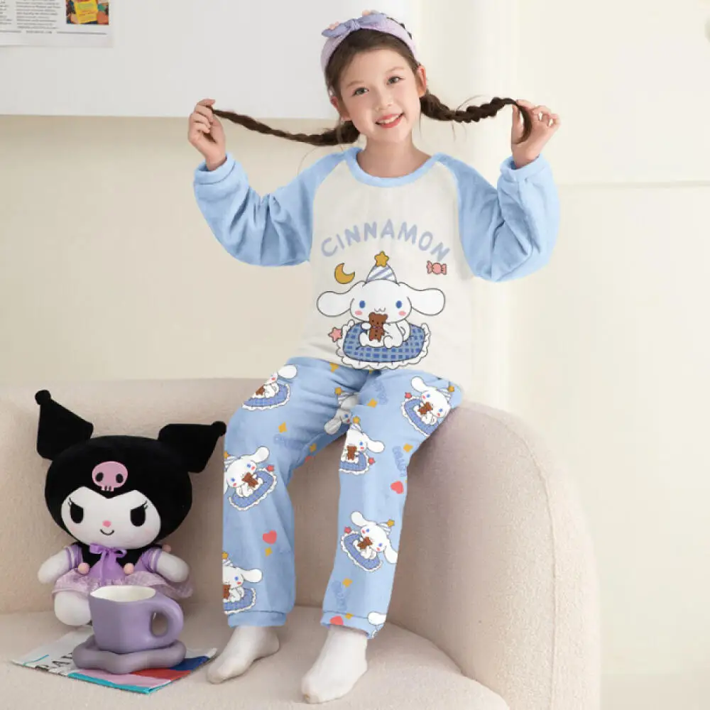 حار سانريو مرحبا كيتي kuromi الفتيات منامة الخريف/الشتاء سميكة س الرقبة الفانيلا الوالدين والطفل الزي ملابس المنزل مجموعة المرجان المخملية