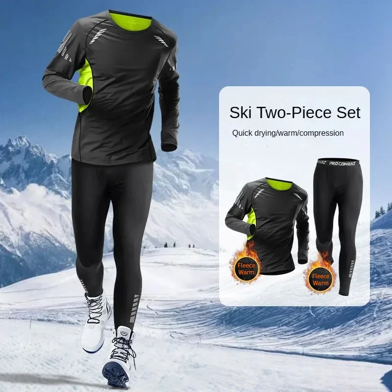 Mens Running Sportswear Set Autumn Winter Plush Fitness Quick Drying Jogging Compression Training Leggings Sportsuit Clothes