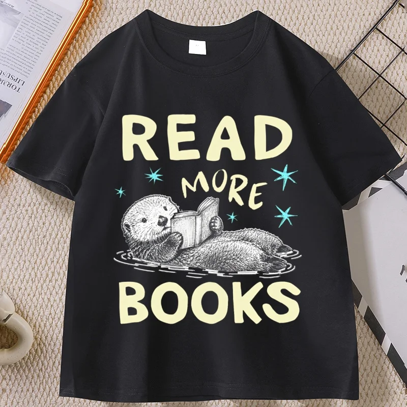 Read More Books Otter T-Shirt Funny Bookish Tee Sea Otter Reading Tshirt Book Lover Cotton Short Sleeve Round Neck T Shirt