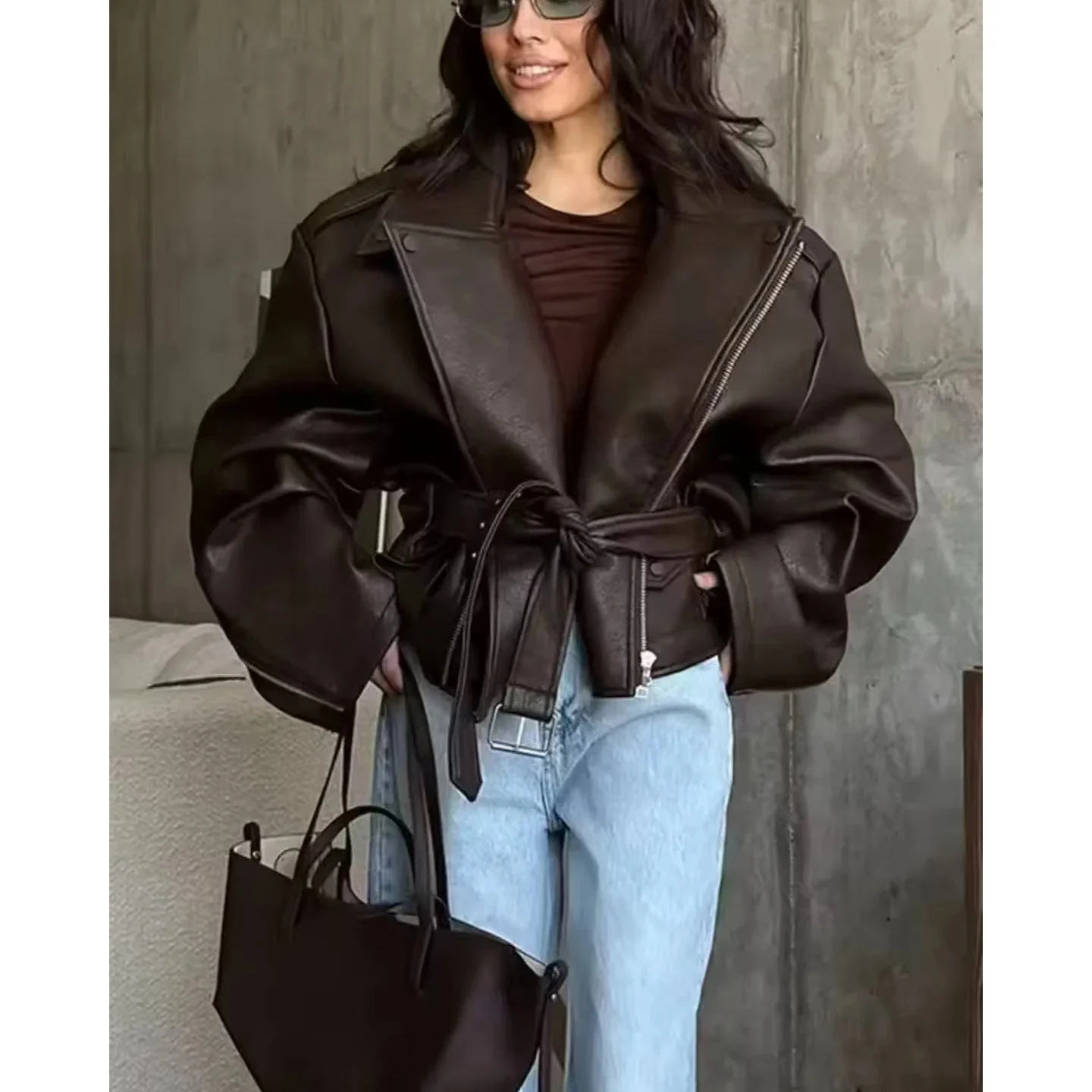 كول ort بو الجلود Jaet المرأة الخريف الشتاء جديد Sle طويل Sve سستة تصميم مربوط الوجه طوق معطف ملابس خارجية غير رسمية #3