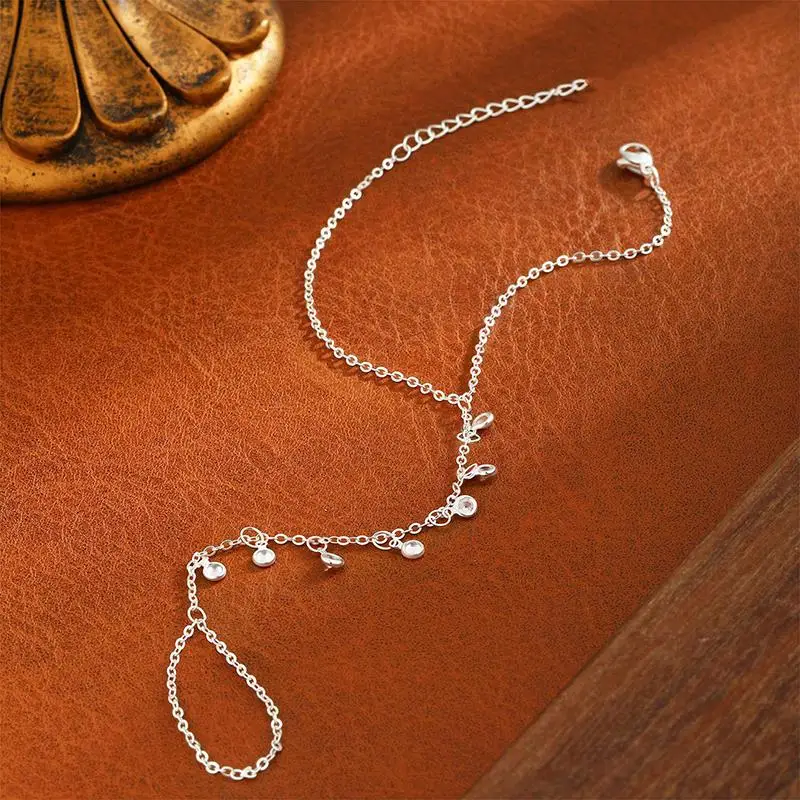 Trendy Shiny Zircon Teardrop Connected Finger Ring Bracelet Rose Gold Plated Jewelry for Valentine's Day Party Gift
