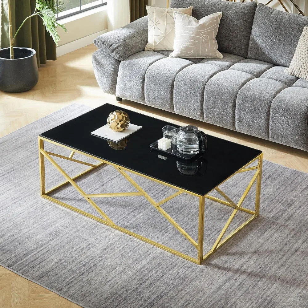 Modern Minimalist Tempered Glass Rectangle Coffee Table with Gold Metal Frame for Living Room