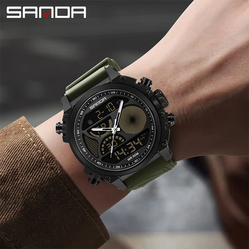 SANDA Large Dial Men's Electronic Watch Multi functional Waterproof Night Light LED Digital Calendar Men's Electronic Watch