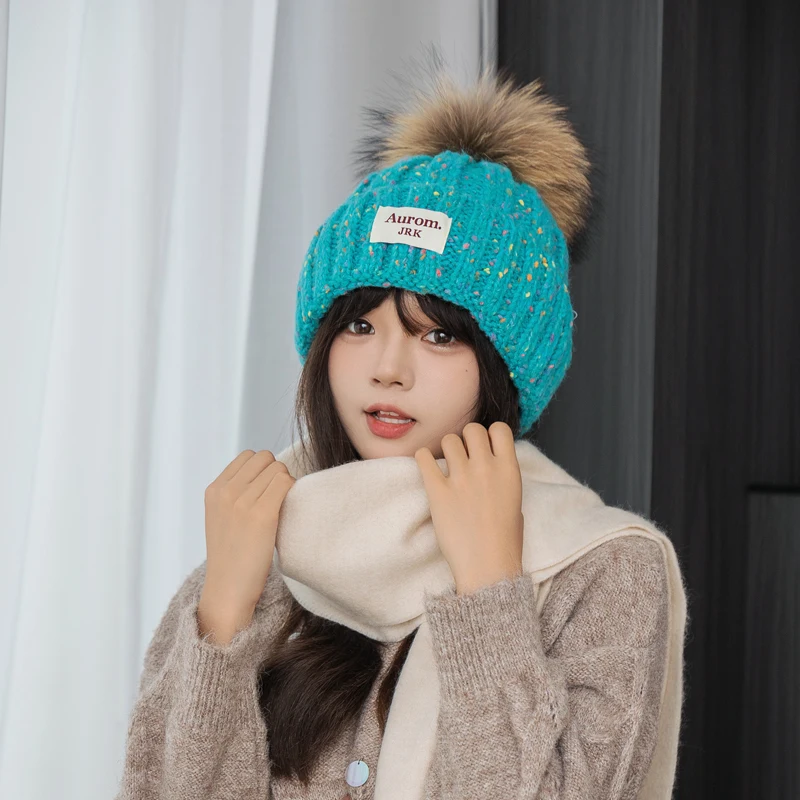 2024 New Fashion Natural fur pompom hat for women High quality mix-Color Beanies Winter Hats for women Warm Female beanies