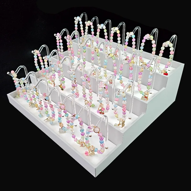 Leather Bracelet Display Stand with Acrylic Hook Trapezoidal Jewelry Showcase Holder Counter Bangle Shelf Bracelets Display Rack