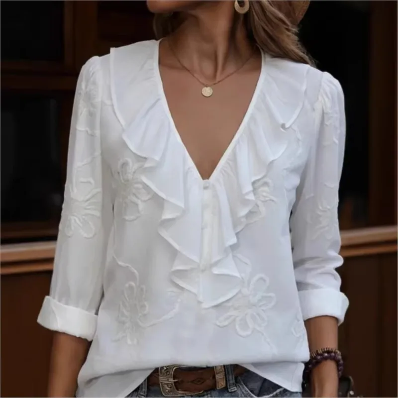 

Женская модная повседневная свободная блузка с V-образным вырезом и рюшами, украшенная вышитыми цветами, однотонная, с длинным рукавом, коллекция 2026