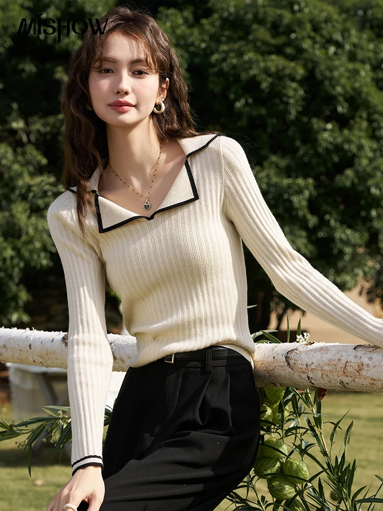 MISHOW Retro Contrasting Color Minor Lapel Knitted Shirt Turn-down Collar V Neck Casual Female Solid Slim Basic Top MXD13Z0366