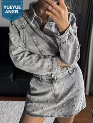 High Street New Women Rivets Beading Denim Jacket Wrap Skirt Two Piece Set Vintage Designer Ladies Matching Set Casual Outfits