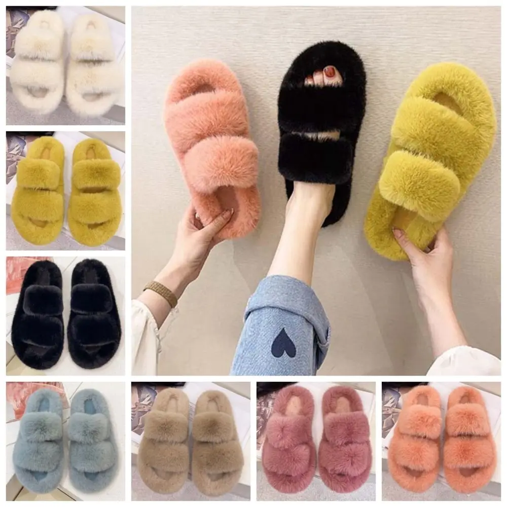 

Soft Winter Open Toe Slippers Anti-slip Thickened Plush Cotton Slippers Furry Double-bar Warmer Home Cotton Shoes Cold Weather