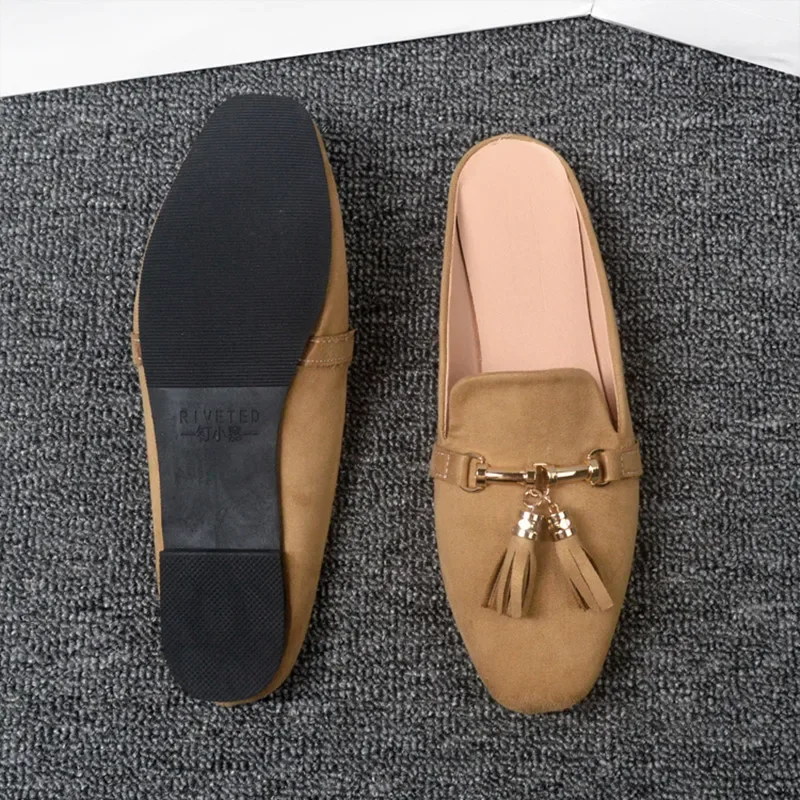 Lady Metal Tassel Round Toe Slippers Flock Outdoor Slides Comfortable 2022 New Arrivals Fashion Brand Shoes Plus Size 44 38 Grey