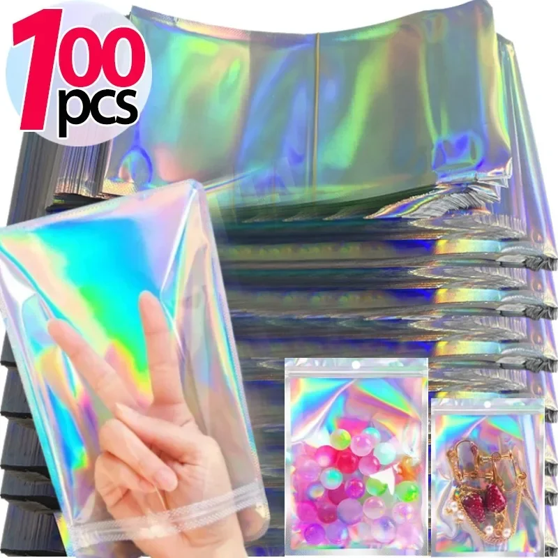 Resealable Laser Self Lock Bags Small Business Packaging Holographic Envelopes Flat Clear Plastic Candy Jewelry Food Storage Bag