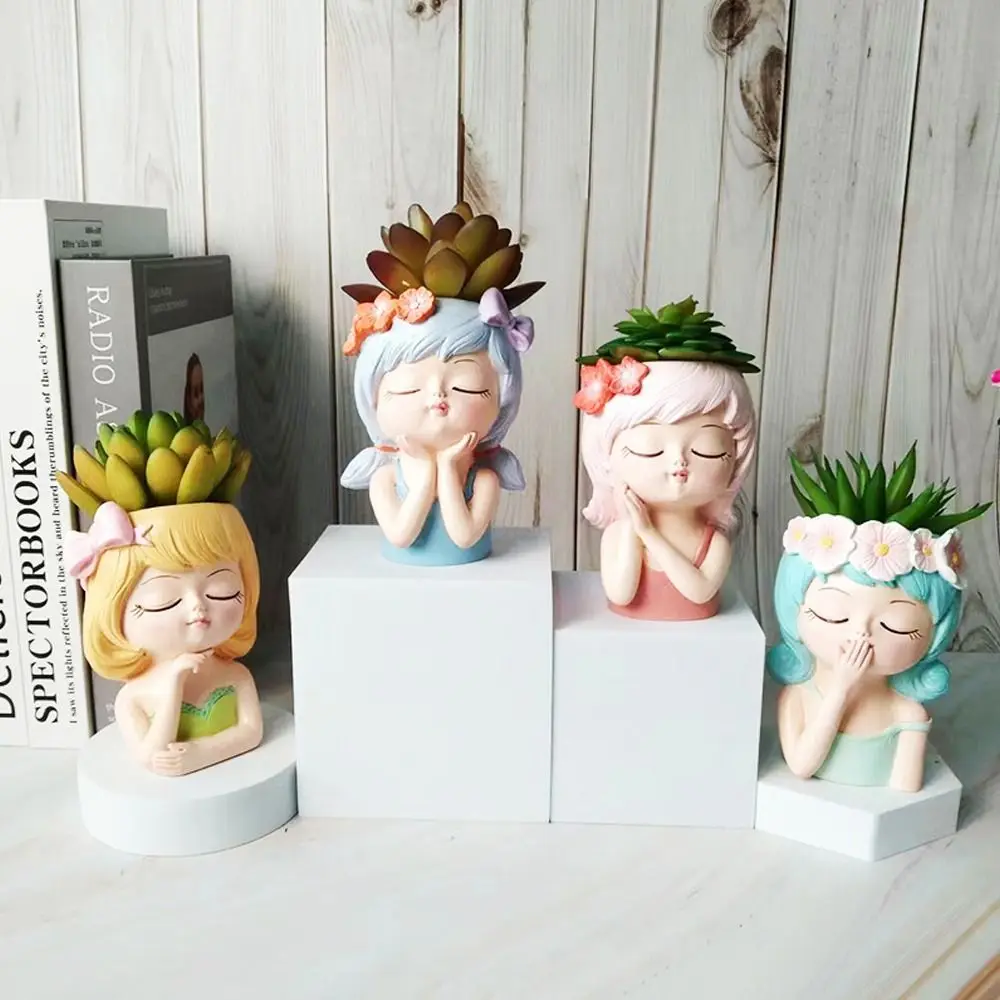 Cartoon Face Planters Pots Girl Statue Nordic Fairy Flowerpot Realistic Resin Succulent Planter Pot Outdoor Gardens