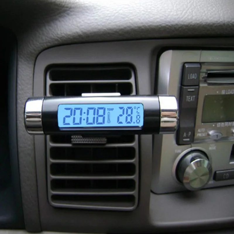 Car LCD Digital Clock Thermometer Voltmeter 2 in 1 Clip On with Backlight for Vehicle Dashboard