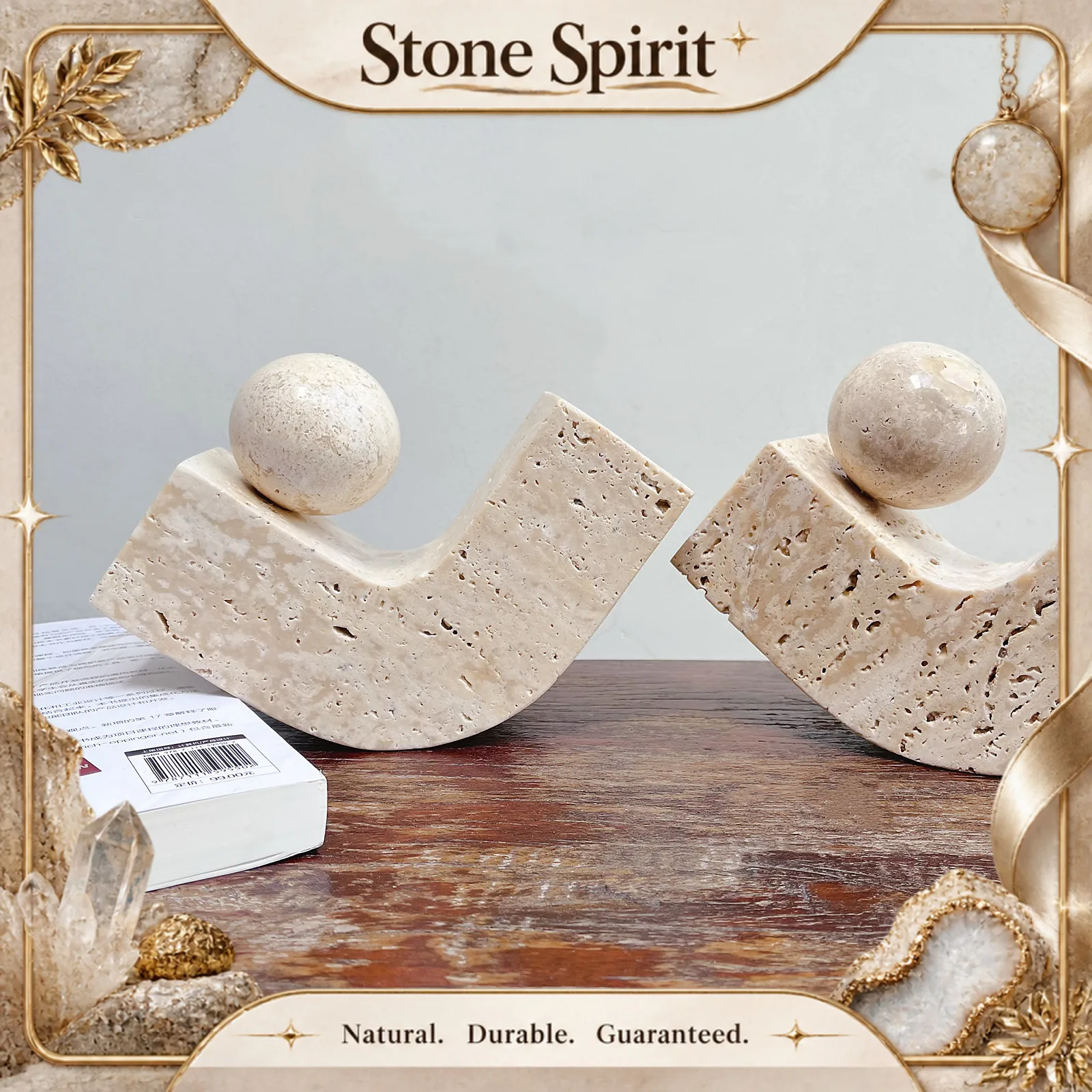【Natural】Yellow Travertine Natural Stone U-shaped Ball Ornament for Living Room Coffee Shop Home