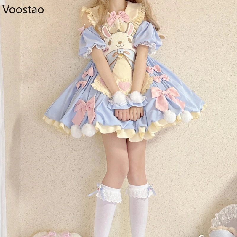 Japanese Kawaii Lolita OP Dress Women Sweet Cute Cartoon Bunny Bow Princess Party Dresses Girls Harajuku Short Sleeve Mini Dress
