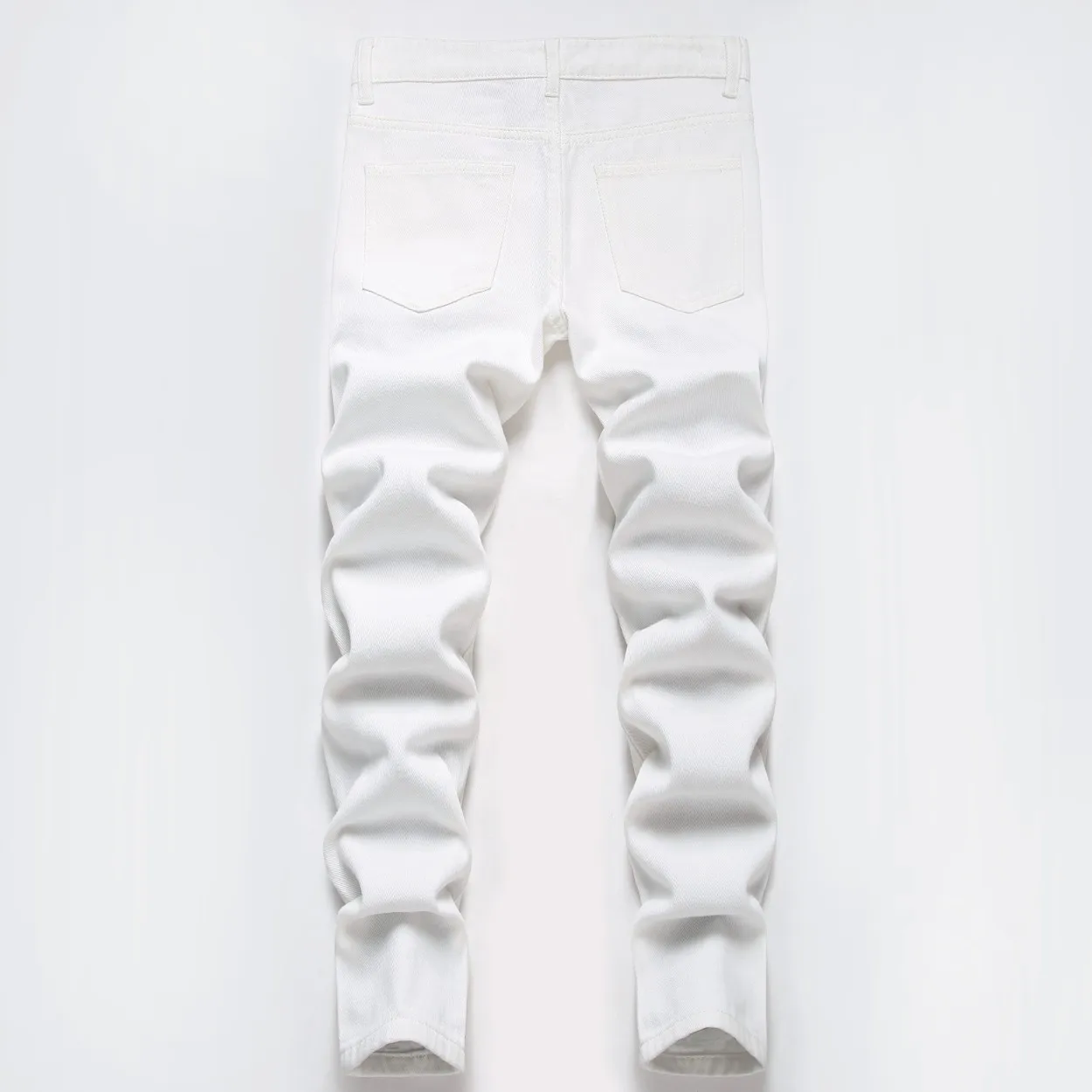 European And American Boys Pure White Straight Ripped Mid-waist Washed Cotton Casual Jeans Pants