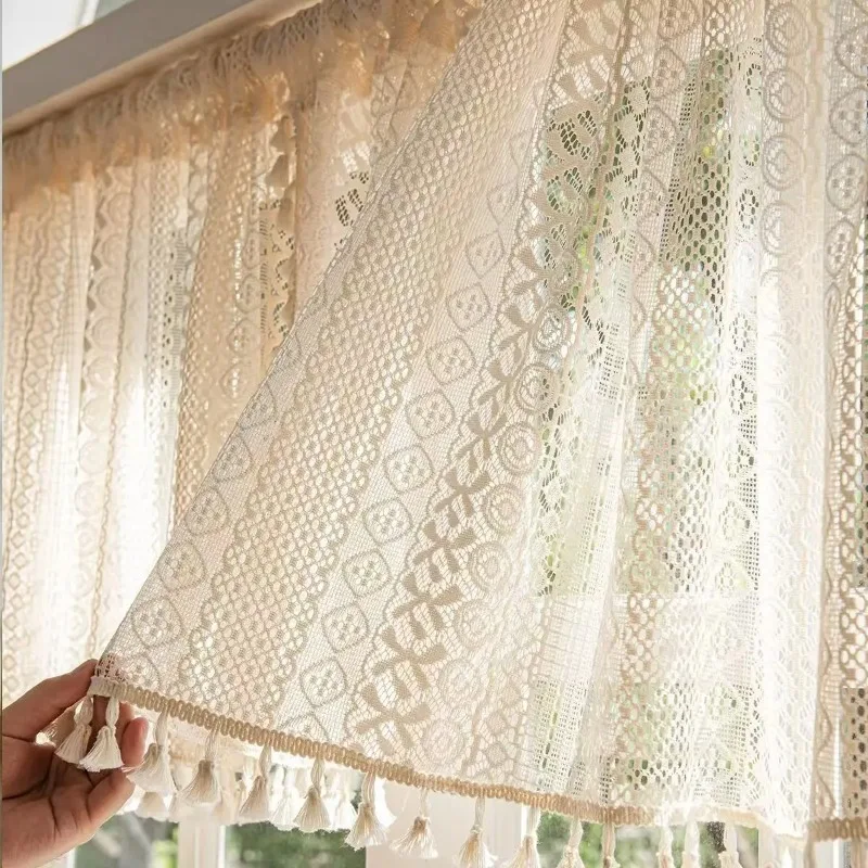 Beige Circular Patterned Hanging Tassel Short Curtain, Lace Short Curtain, Living Room, Bedroom, Kitchen Cabinet Cover Curtain