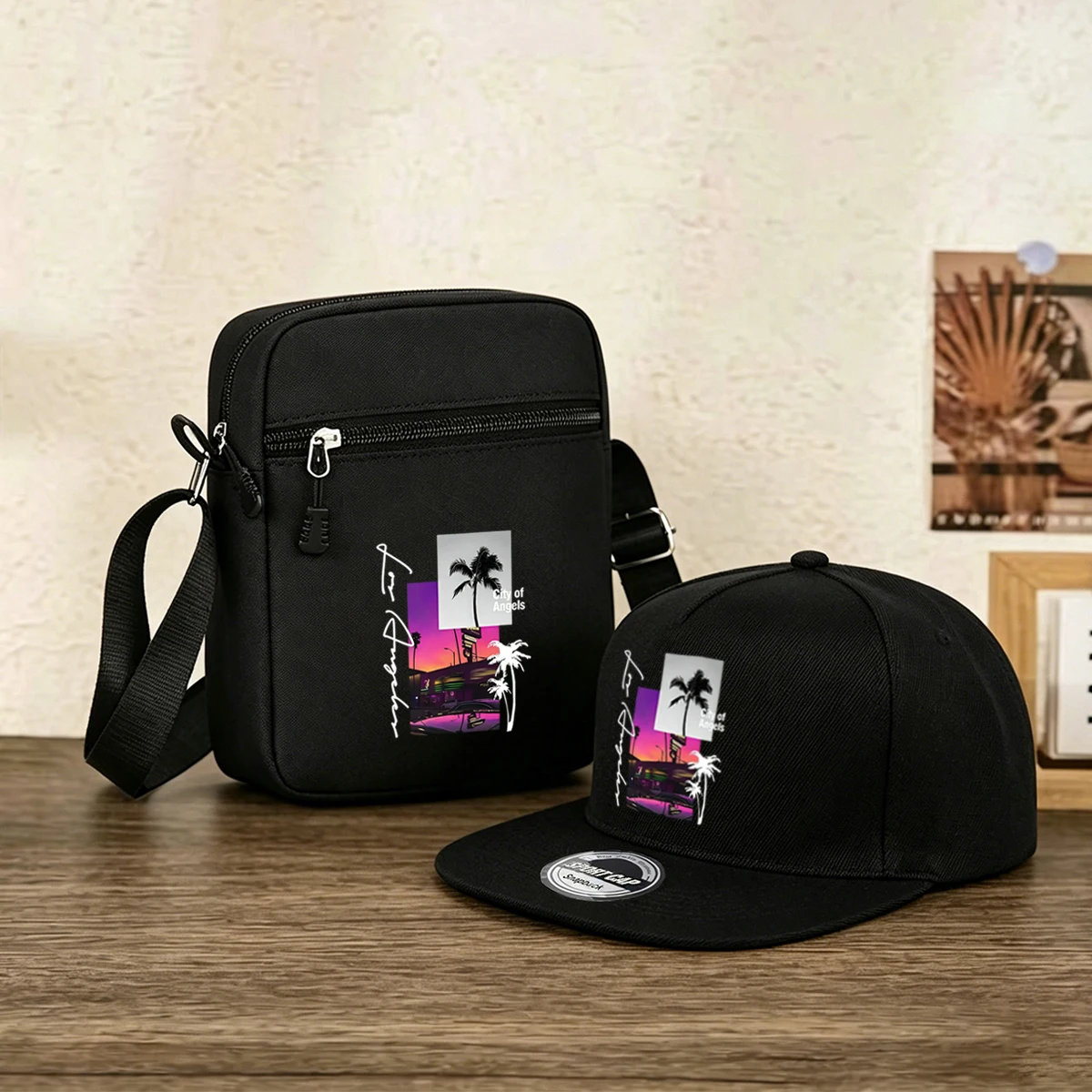 2pcs Coconut Print Baseball Cap&Crossbody Bag Set-Snapback Hat-Baseball Cap-Streetwear Style,Casual Wear-Urban Fashion Accessory