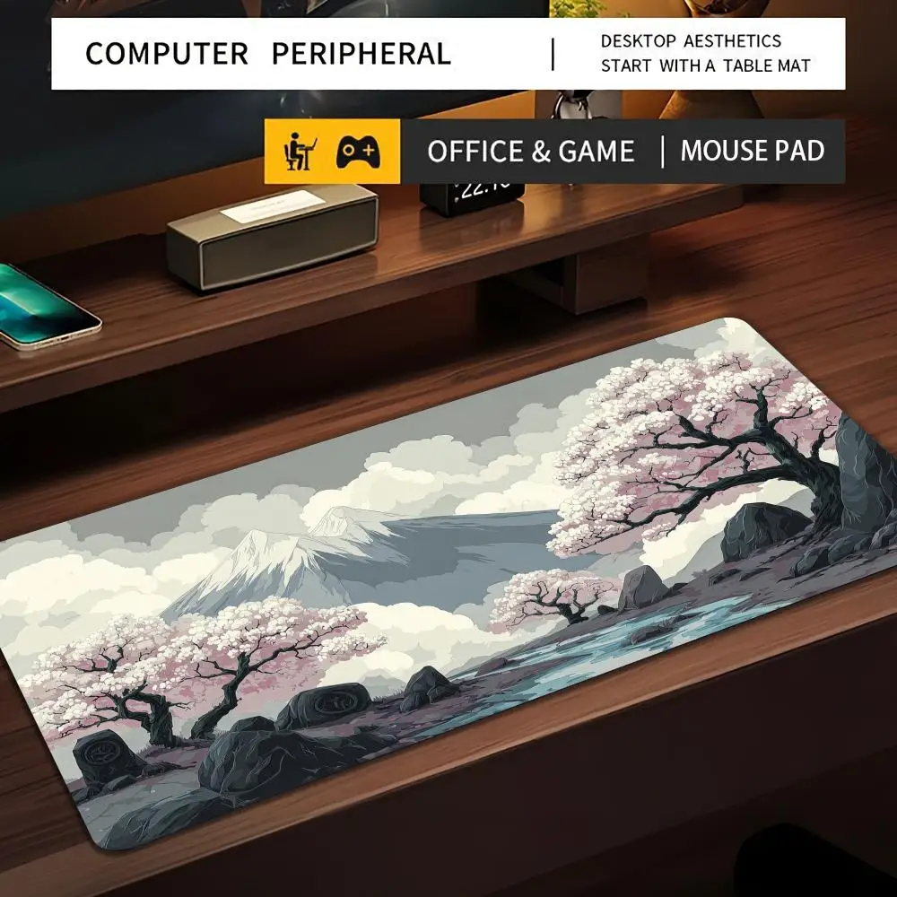 

Коврик для мыши с розовыми и белыми цветами вишни, нескользящий, прочный, для офиса и игр, с прошитыми краями, HD-печать