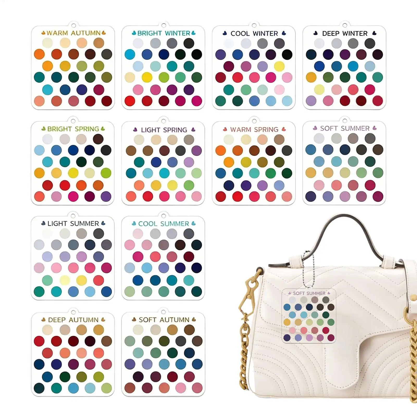 Seasonal Color Analysis Cards 12pcs Clear Acrylic Personal Color Guide Keychain Palette for Makeup Clothing Eyeshadow Tool