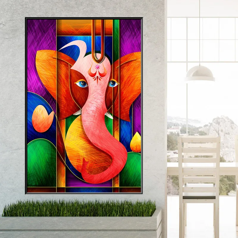 Abstract Colorful Elephant God Canvas Painting, Hindu God Posters and Prints, Wall Art for Living Room, Home Decor