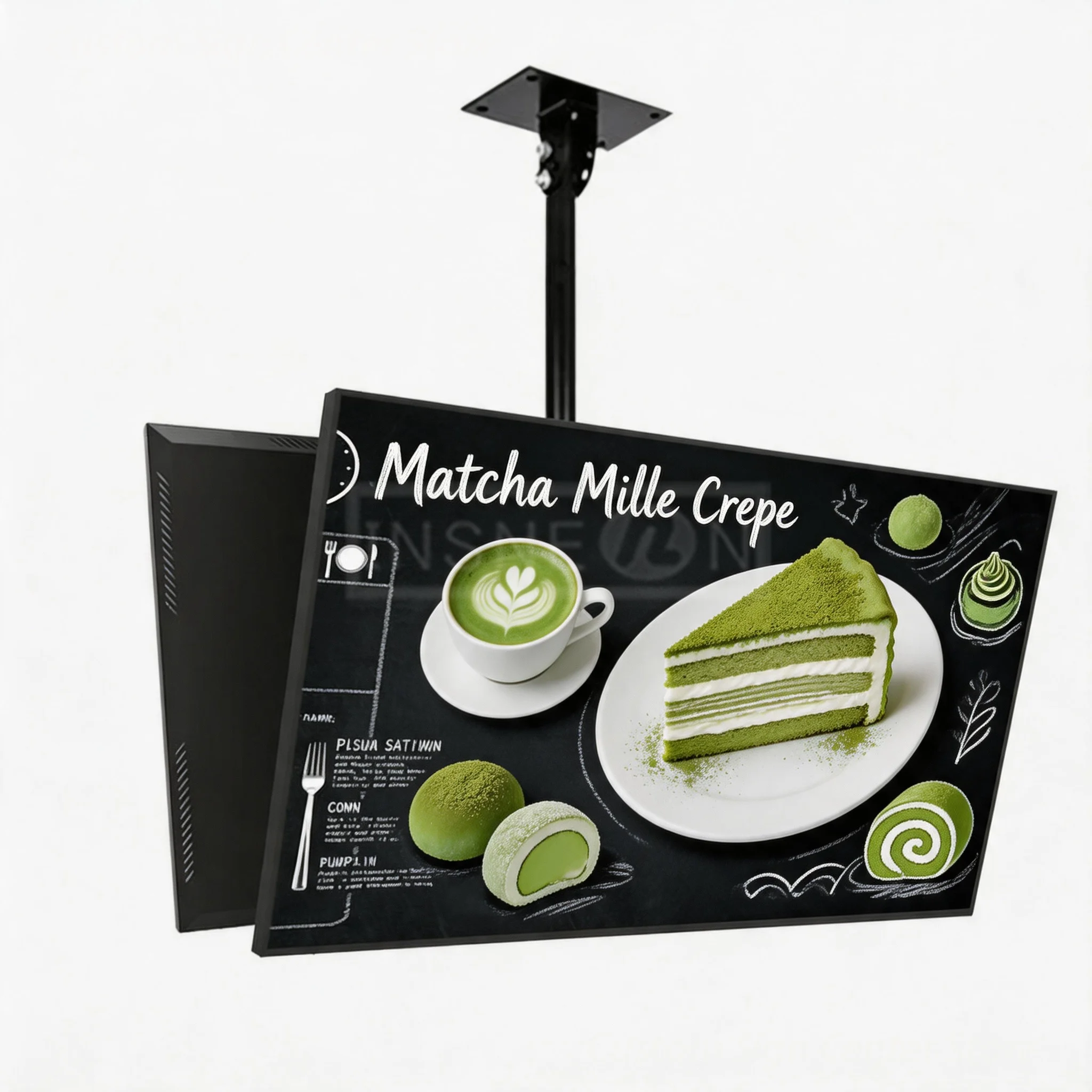 Custom LED Menu Light Box Matcha Mille Crepe, Double Sided Ceiling Suspended Illuminated Sign for Cake Store Food Menu Display
