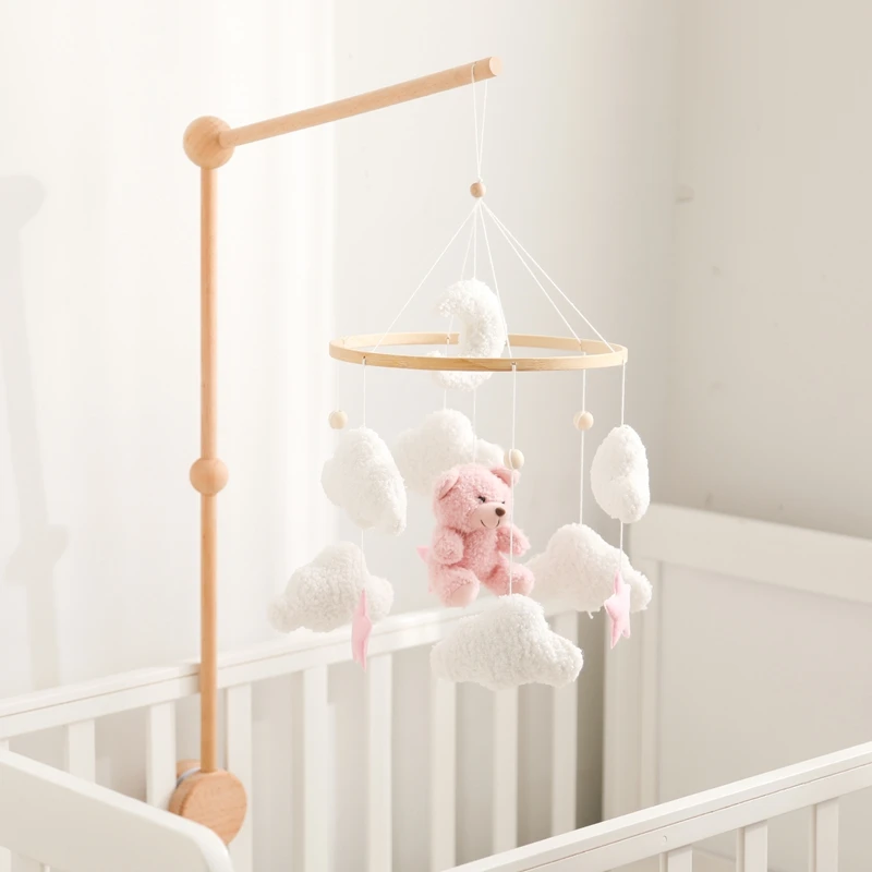 

Crib Mobile Baby Bed Bell Baby Rattles Soft Sherpa Felt Pink Bear Toys Wooden Hanger Mobile for Crib Decor Wood Toy Bracket